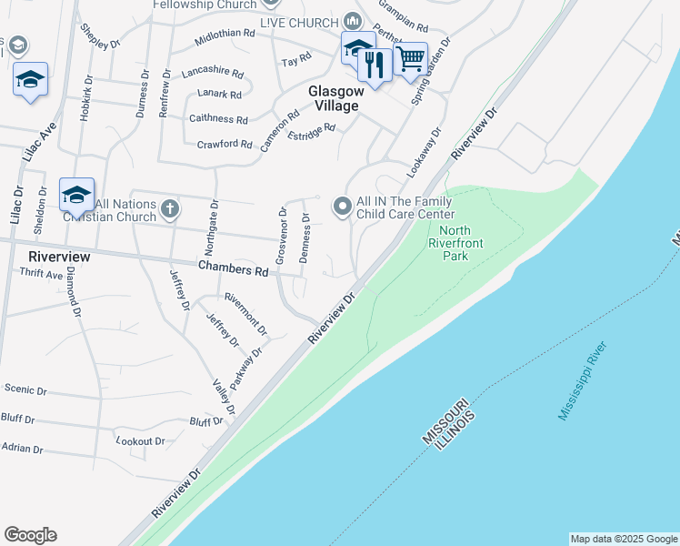 map of restaurants, bars, coffee shops, grocery stores, and more near 706 Lookaway Drive in St. Louis