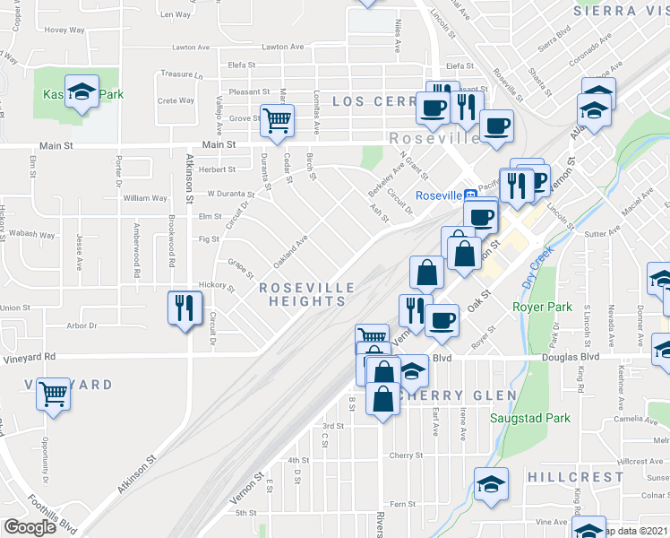 map of restaurants, bars, coffee shops, grocery stores, and more near 800 Church Street in Roseville