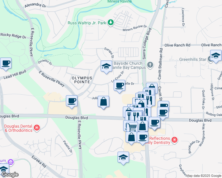 map of restaurants, bars, coffee shops, grocery stores, and more near 2532 Julliard Circle in Roseville