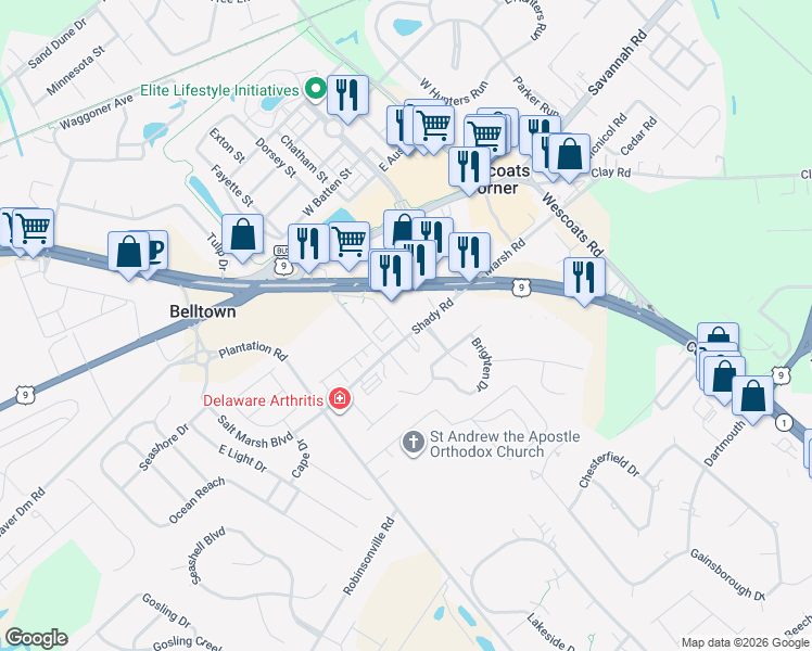 map of restaurants, bars, coffee shops, grocery stores, and more near 17573 Road 276 in Lewes