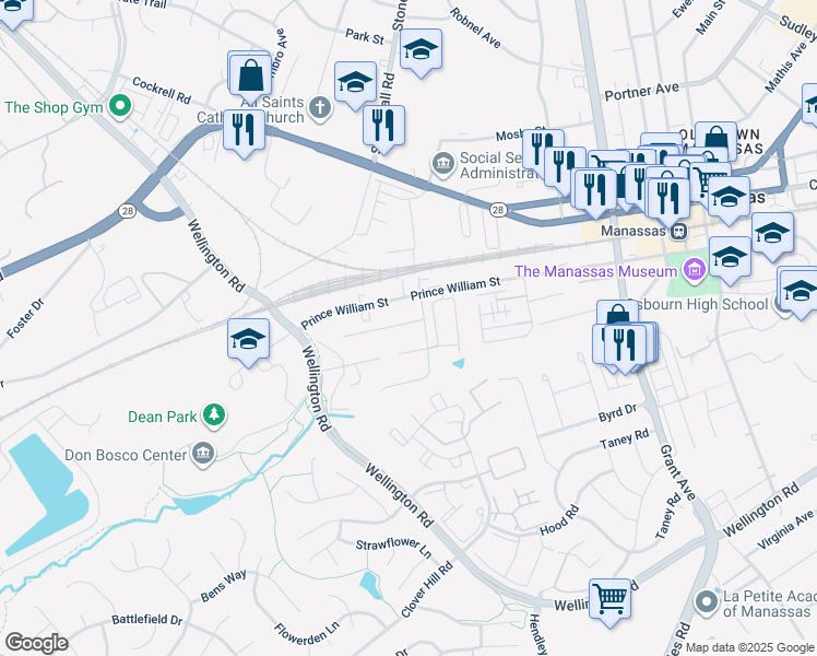 map of restaurants, bars, coffee shops, grocery stores, and more near 9505 Lincoln Avenue in Manassas