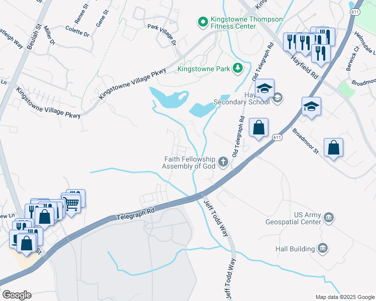 map of restaurants, bars, coffee shops, grocery stores, and more near 7763 Mount Calvary Drive in Kingstowne