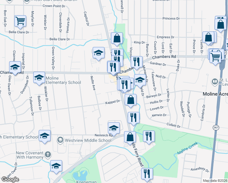 map of restaurants, bars, coffee shops, grocery stores, and more near 2162 Hecht Avenue in Saint Louis