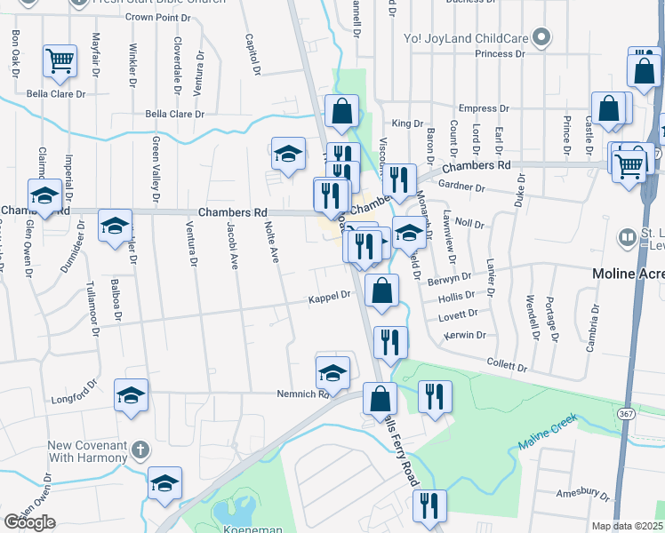map of restaurants, bars, coffee shops, grocery stores, and more near 9945 Halls Ferry Road in St. Louis
