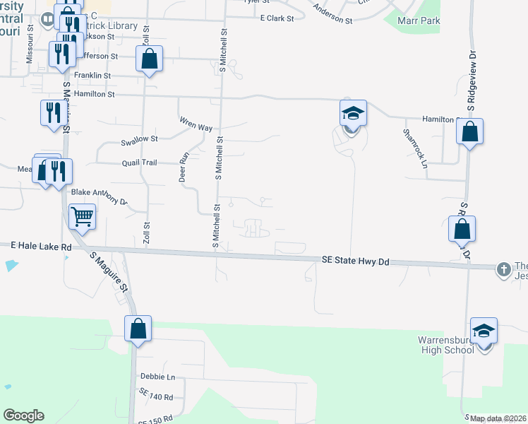 map of restaurants, bars, coffee shops, grocery stores, and more near 1002 Juniper Court in Warrensburg