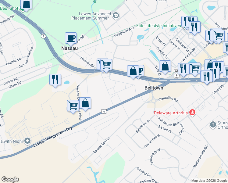 map of restaurants, bars, coffee shops, grocery stores, and more near 17476 Slipper Shell Way in Lewes