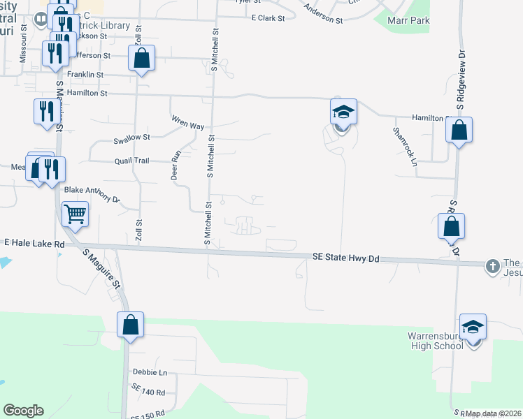 map of restaurants, bars, coffee shops, grocery stores, and more near 1002 Juniper Court in Warrensburg