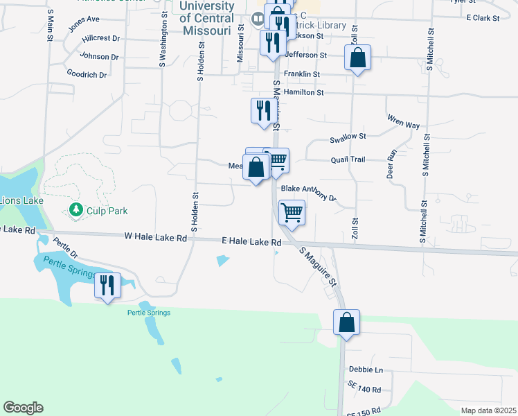 map of restaurants, bars, coffee shops, grocery stores, and more near 210 Larkin Street in Warrensburg