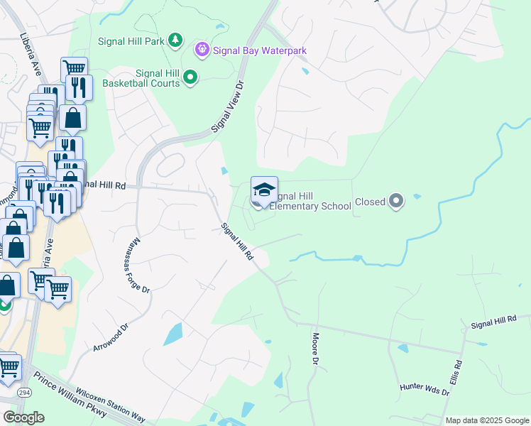 map of restaurants, bars, coffee shops, grocery stores, and more near 9553 Birmingham Drive in Manassas