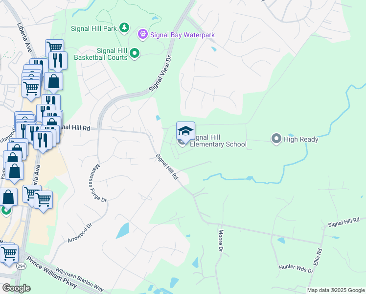 map of restaurants, bars, coffee shops, grocery stores, and more near 9553 Birmingham Drive in Manassas
