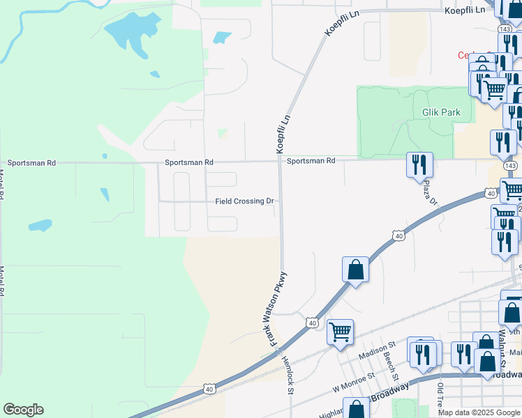 map of restaurants, bars, coffee shops, grocery stores, and more near 220 Field Crossing Drive in Highland
