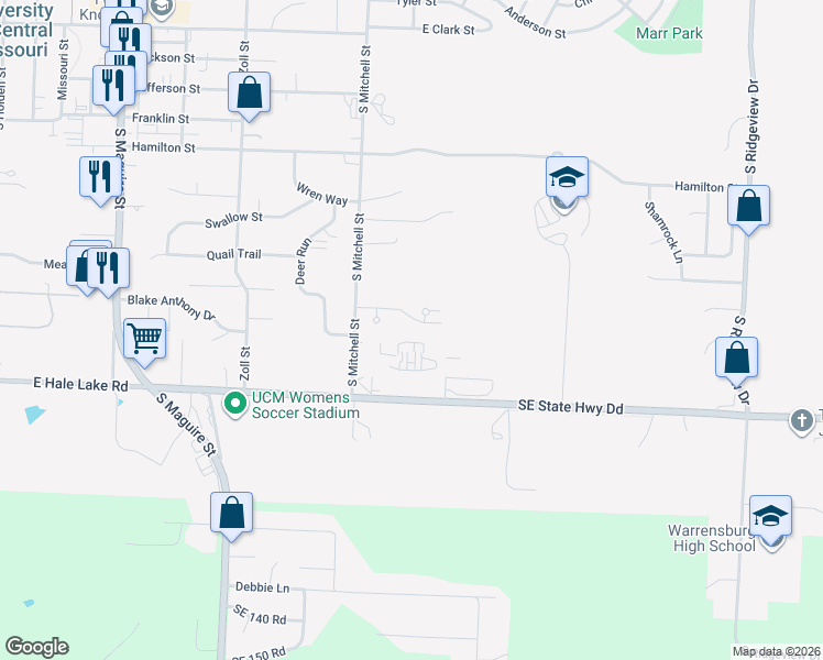 map of restaurants, bars, coffee shops, grocery stores, and more near 1002 Juniper Court in Warrensburg