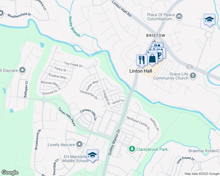 map of restaurants, bars, coffee shops, grocery stores, and more near 12017 Rutherglen Place in Bristow