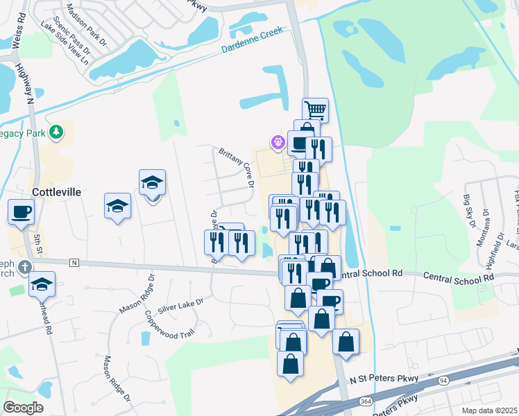 map of restaurants, bars, coffee shops, grocery stores, and more near 208 Valley Lakes Court in Saint Charles