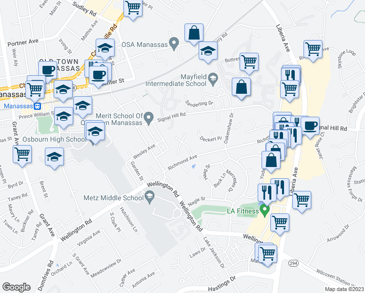map of restaurants, bars, coffee shops, grocery stores, and more near 9610 Riverdale Place in Manassas