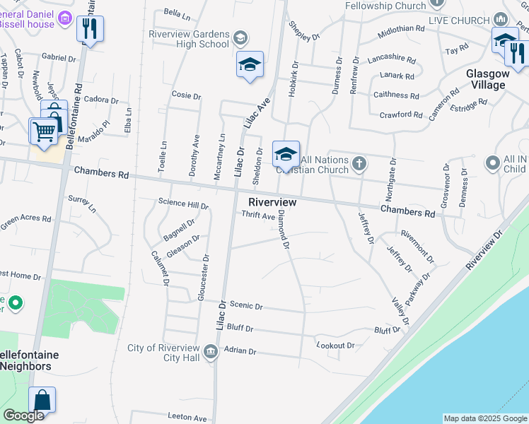 map of restaurants, bars, coffee shops, grocery stores, and more near 419 Thrift Avenue in St. Louis