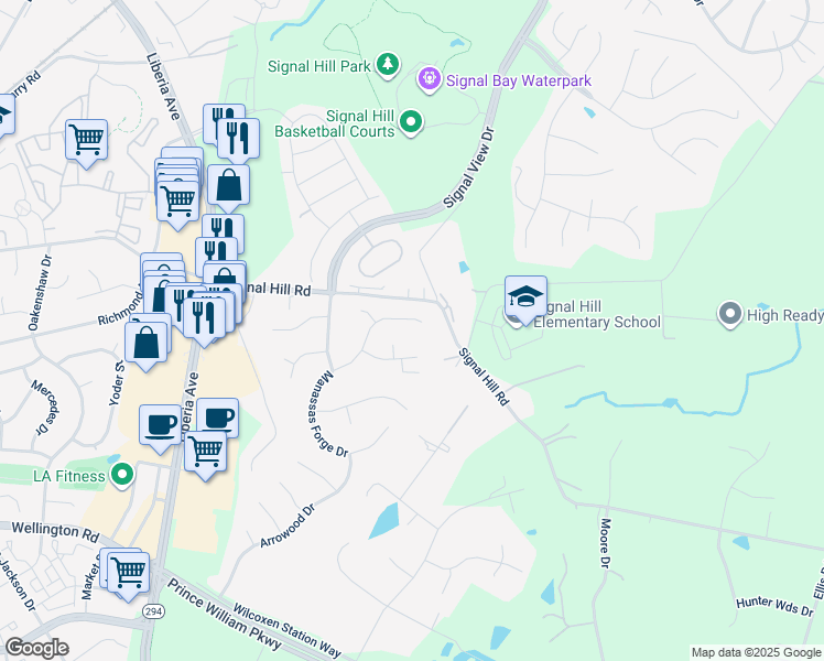 map of restaurants, bars, coffee shops, grocery stores, and more near 9585 Manassas Forge Drive in Manassas