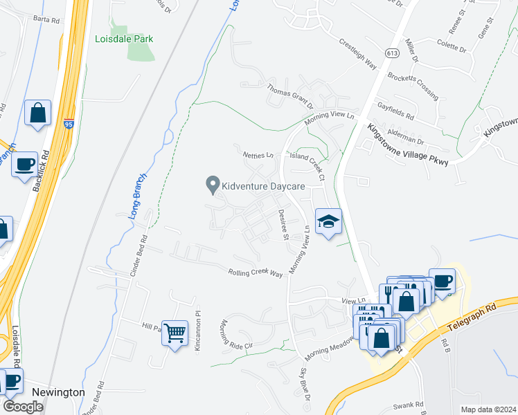 map of restaurants, bars, coffee shops, grocery stores, and more near 6606 Creek Point Way in Alexandria