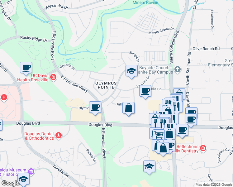 map of restaurants, bars, coffee shops, grocery stores, and more near 1852 Grazziani Way in Roseville
