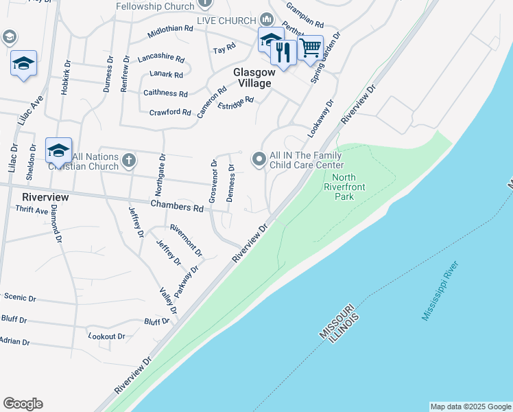 map of restaurants, bars, coffee shops, grocery stores, and more near 710 Lookaway Drive in St. Louis