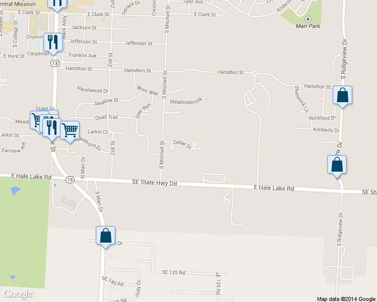 map of restaurants, bars, coffee shops, grocery stores, and more near 1002 Juniper Court in Warrensburg