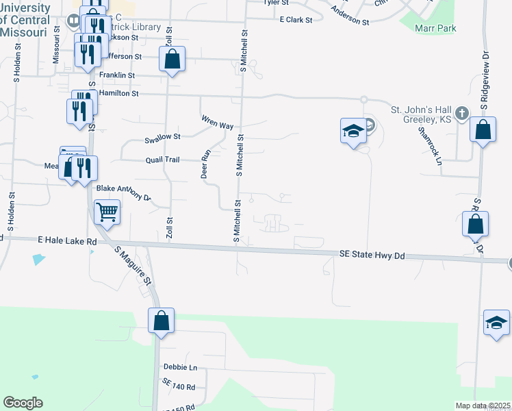 map of restaurants, bars, coffee shops, grocery stores, and more near 705 Cedar Drive in Warrensburg