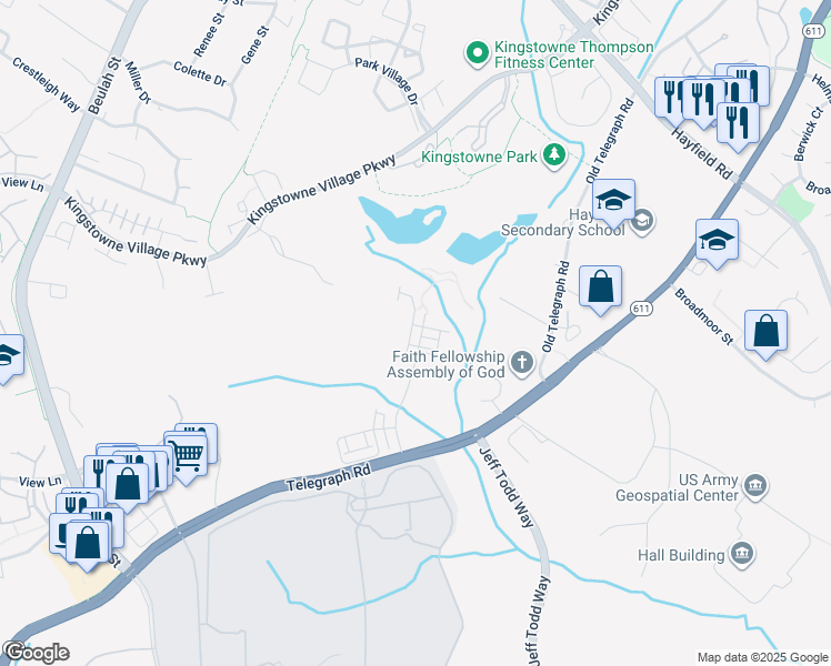 map of restaurants, bars, coffee shops, grocery stores, and more near 7781 Belvale Drive in Kingstowne
