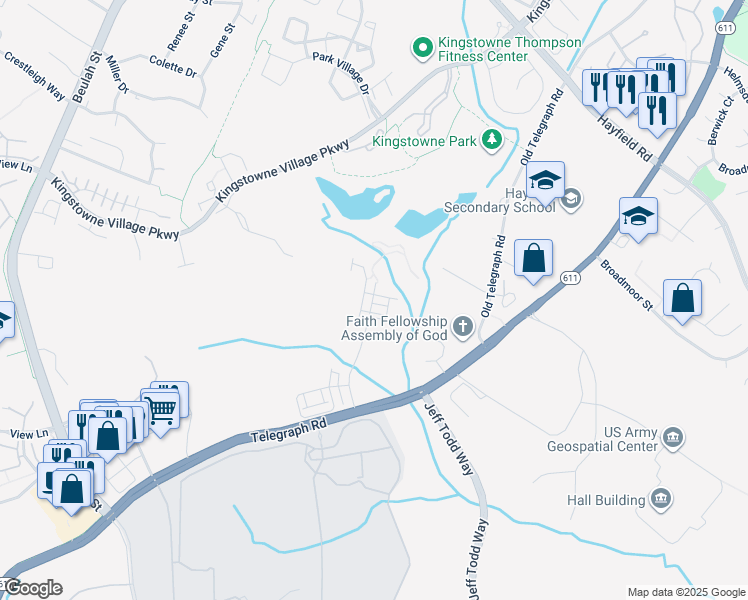 map of restaurants, bars, coffee shops, grocery stores, and more near 6077 Mount Erin Drive in Kingstowne