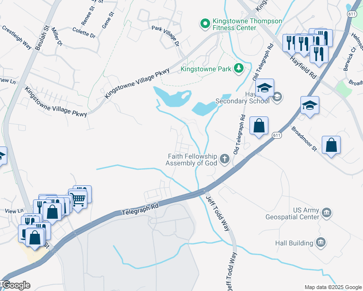 map of restaurants, bars, coffee shops, grocery stores, and more near 6077 Mount Erin Drive in Kingstowne