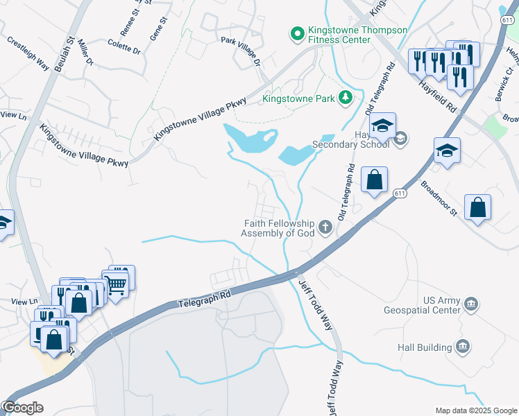 map of restaurants, bars, coffee shops, grocery stores, and more near 7781 Belvale Drive in Kingstowne