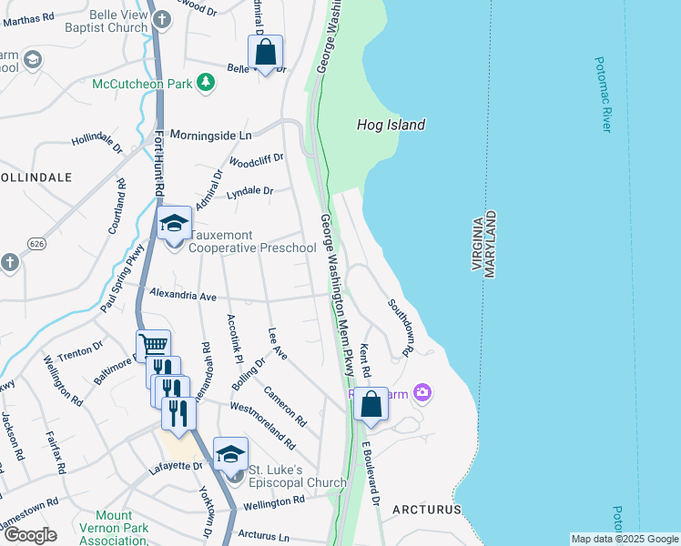 map of restaurants, bars, coffee shops, grocery stores, and more near 7722 Northdown Road in Alexandria