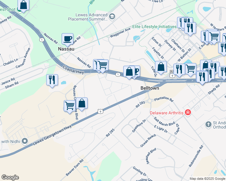 map of restaurants, bars, coffee shops, grocery stores, and more near 17476 Slipper Shell Way in Lewes