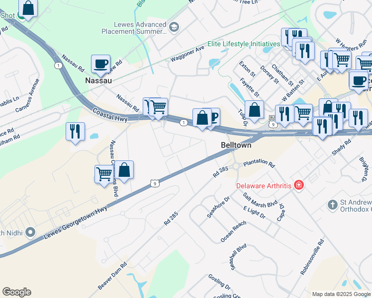 map of restaurants, bars, coffee shops, grocery stores, and more near 17444 Slipper Shell Way in Lewes