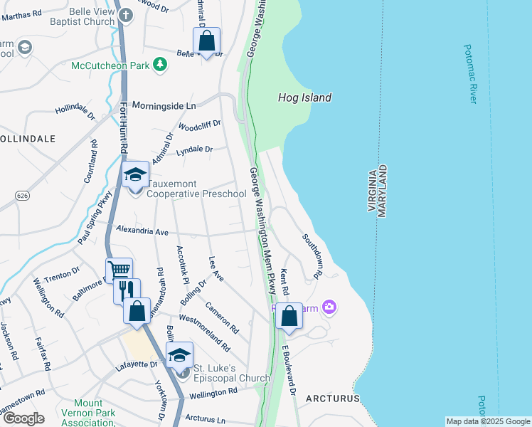 map of restaurants, bars, coffee shops, grocery stores, and more near 7722 Northdown Road in Alexandria