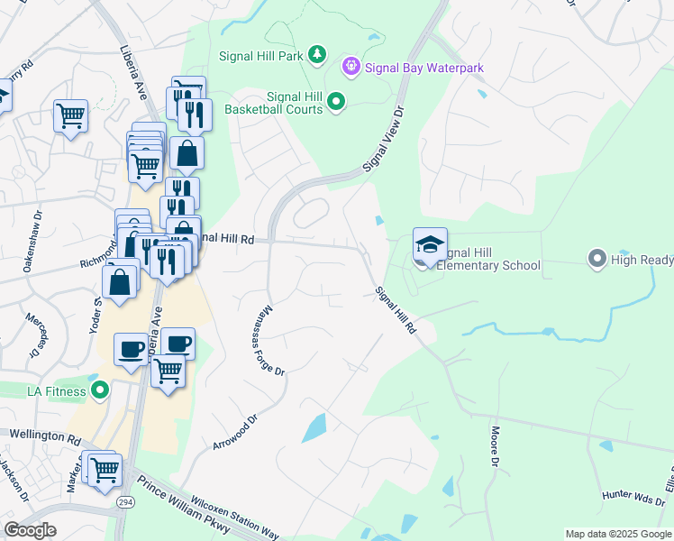 map of restaurants, bars, coffee shops, grocery stores, and more near 9585 Manassas Forge Drive in Manassas