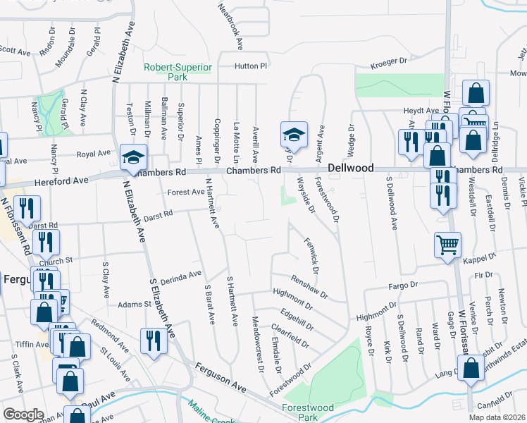 map of restaurants, bars, coffee shops, grocery stores, and more near 44 Joyce Ellen Lane in Ferguson