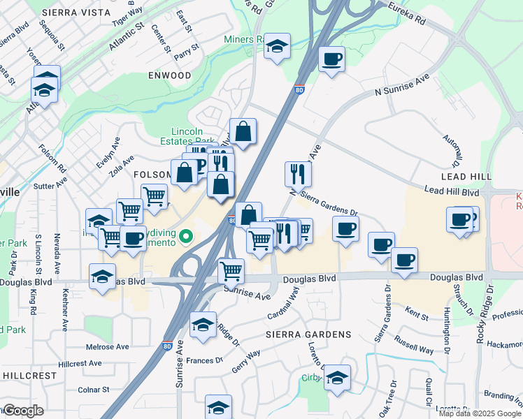 map of restaurants, bars, coffee shops, grocery stores, and more near 150 North Sunrise Avenue in Roseville