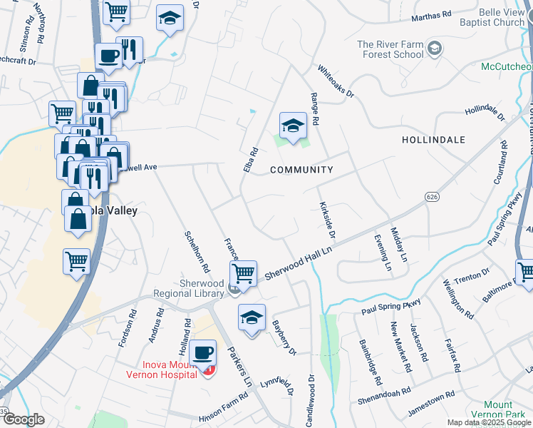 map of restaurants, bars, coffee shops, grocery stores, and more near 2404 Daphne Lane in Alexandria