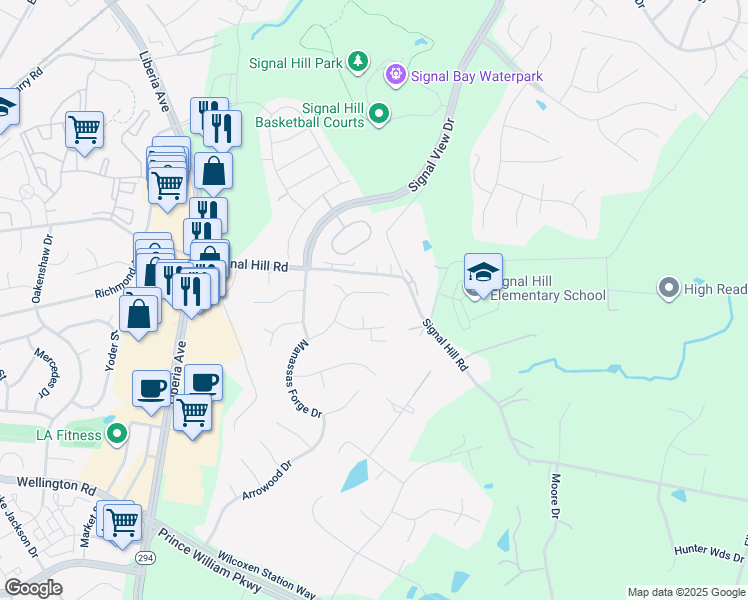 map of restaurants, bars, coffee shops, grocery stores, and more near 9591 Manassas Forge Drive in Manassas