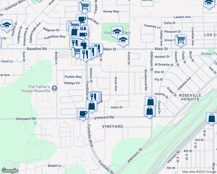 map of restaurants, bars, coffee shops, grocery stores, and more near 1007 Wabash Court in Roseville