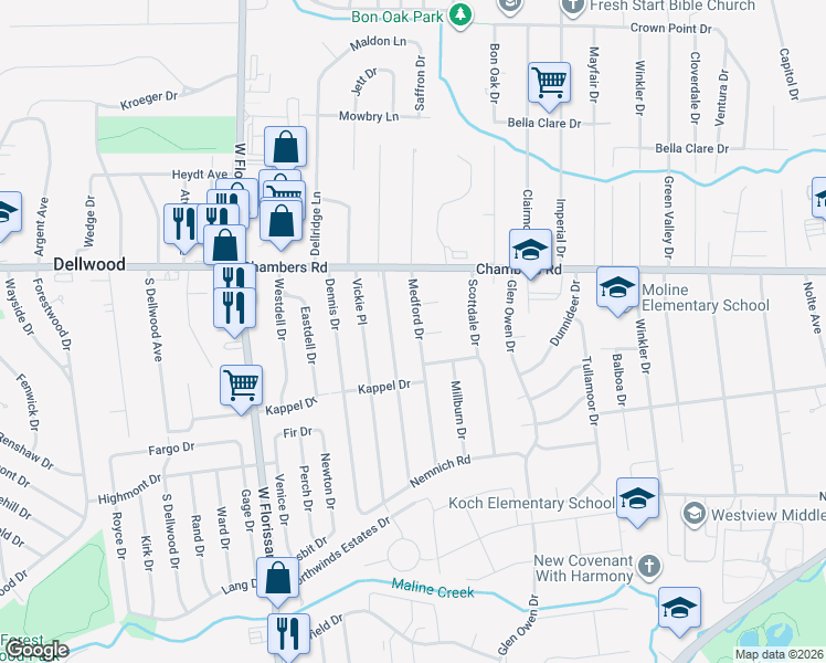 map of restaurants, bars, coffee shops, grocery stores, and more near 9855 Medford Drive in St. Louis