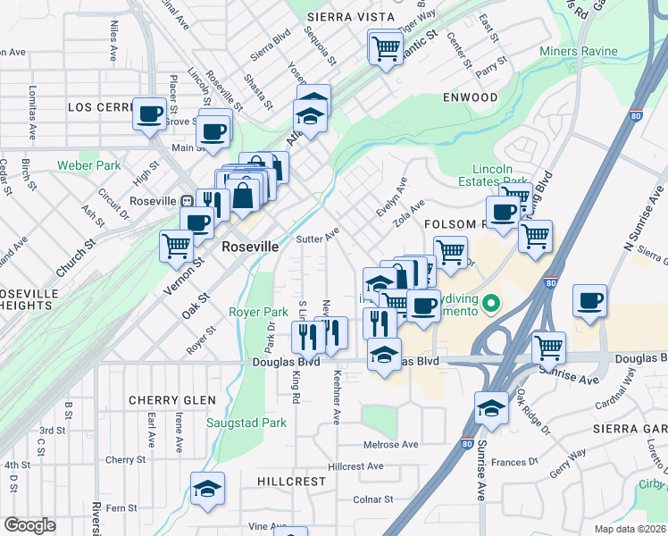 map of restaurants, bars, coffee shops, grocery stores, and more near 111 Nevada Avenue in Roseville