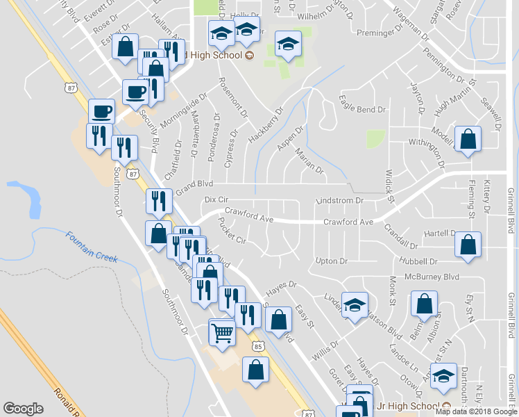 map of restaurants, bars, coffee shops, grocery stores, and more near 345 Libby Court in Colorado Springs