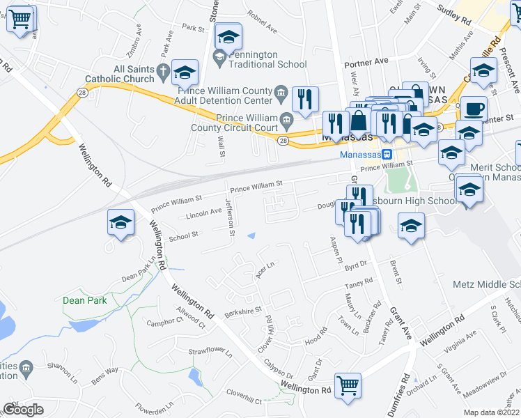 map of restaurants, bars, coffee shops, grocery stores, and more near 9374 Scarlet Oak Drive in Manassas