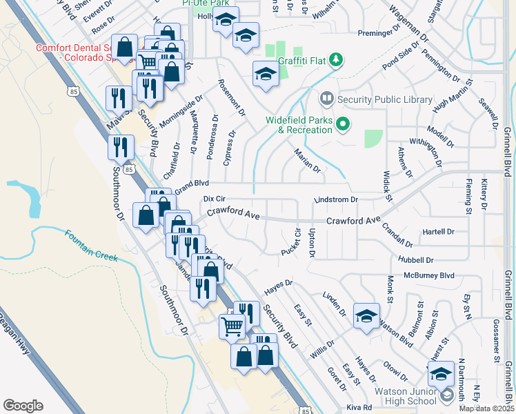 map of restaurants, bars, coffee shops, grocery stores, and more near 345 Libby Court in Colorado Springs