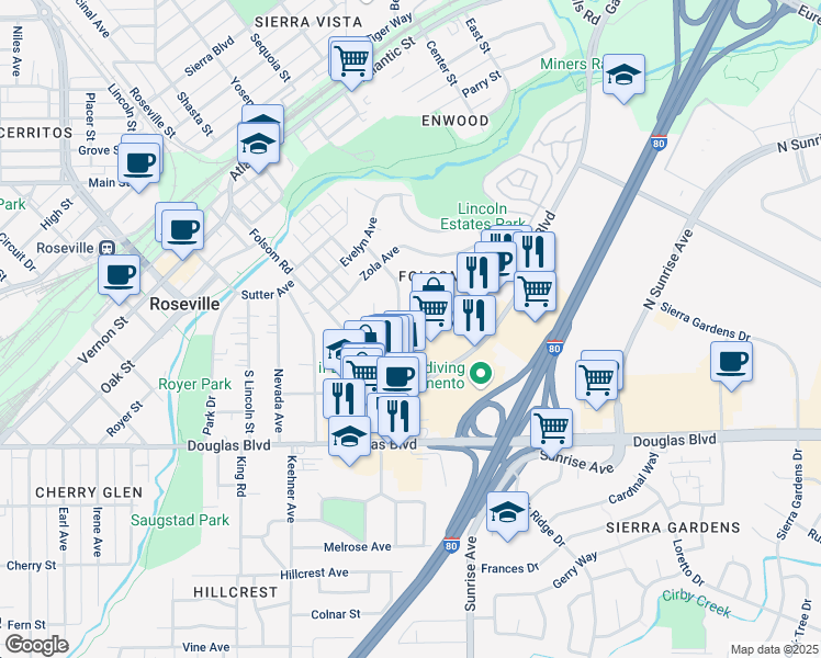 map of restaurants, bars, coffee shops, grocery stores, and more near 222 Sharon Way in Roseville