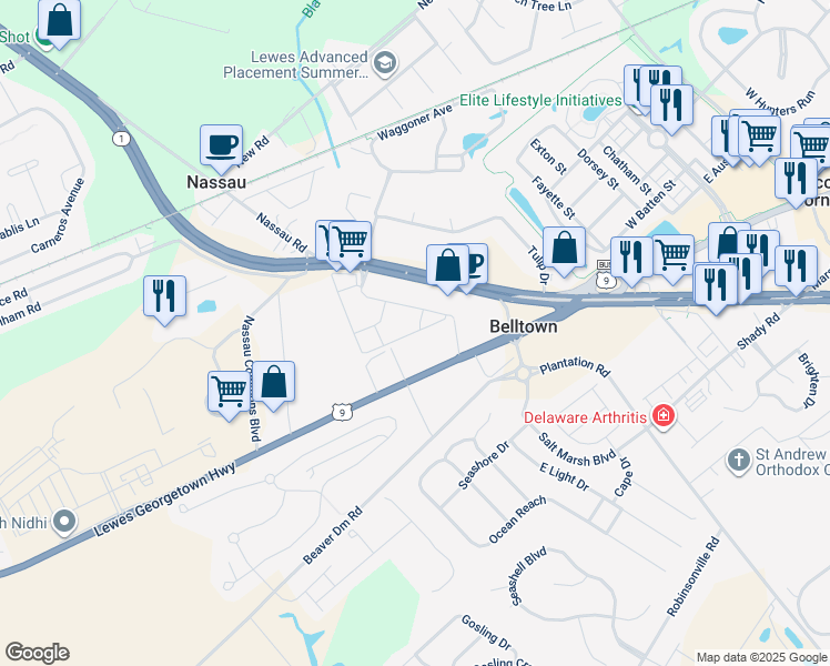 map of restaurants, bars, coffee shops, grocery stores, and more near 17444 Slipper Shell Way in Lewes