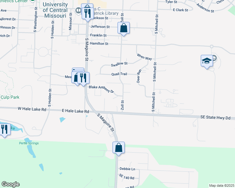 map of restaurants, bars, coffee shops, grocery stores, and more near 411 Blake Anthony Drive in Warrensburg
