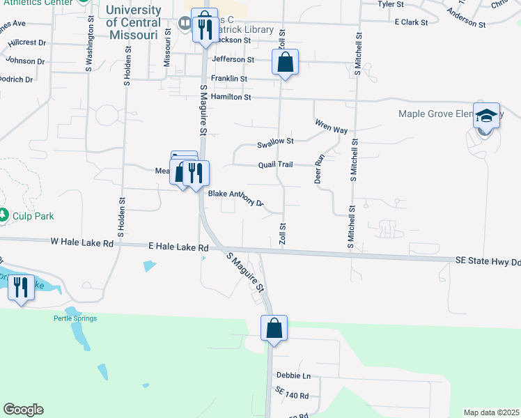 map of restaurants, bars, coffee shops, grocery stores, and more near 411 Blake Anthony Drive in Warrensburg