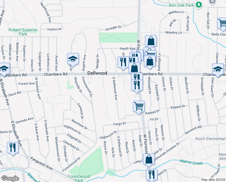 map of restaurants, bars, coffee shops, grocery stores, and more near 19 South Dellwood Avenue in St. Louis